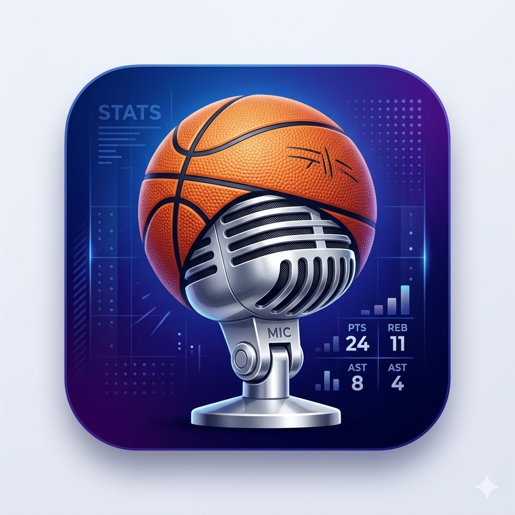 CourtScribe app icon showing a basketball microphone and stat dashboard