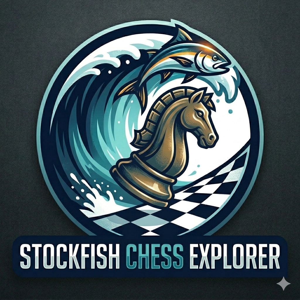 Stockfish Chess Explorer logo with a knight, fish, wave, and chessboard